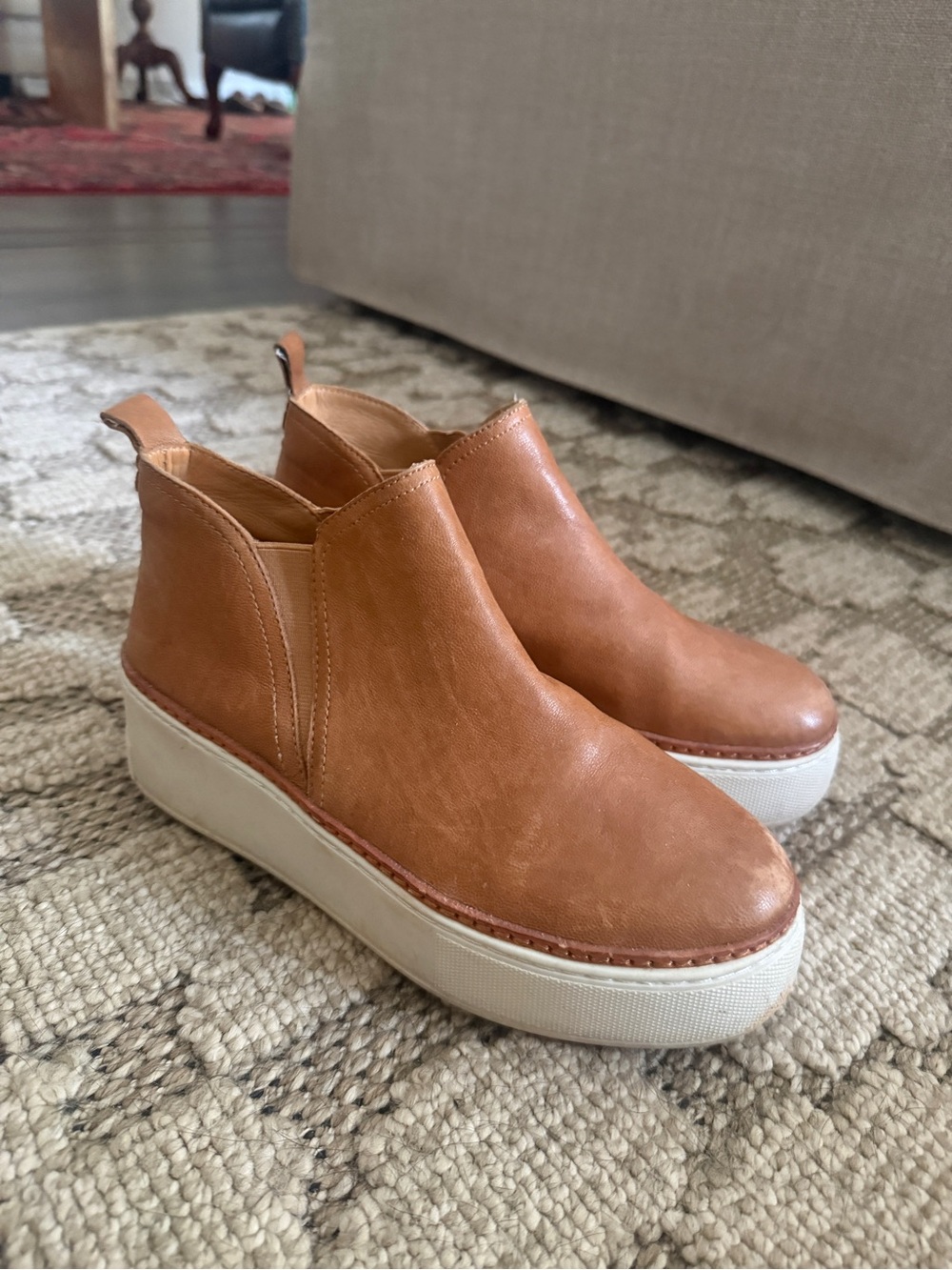 J Slides Tan Leather Platform Slip-On Sneakers